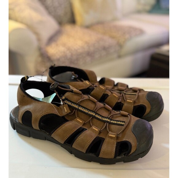 Magellan Outdoors Sandals Brown Leather Round Toe Cutouts Hook Loop Men's Sz 10 - Picture 5 of 11